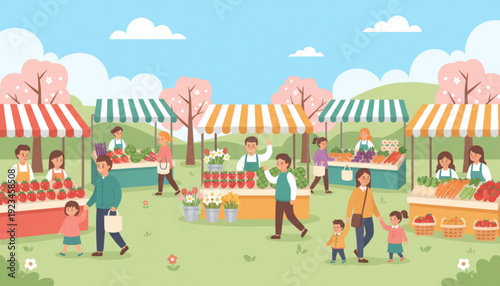 People shopping at a vibrant outdoor farmer's market on a sunny day