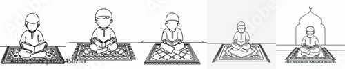 line art of a Muslim little boy sitting reading the Quran front view