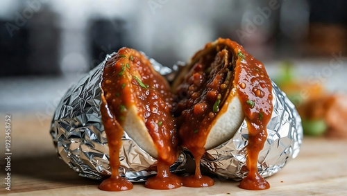 Grilled chicken and bean burrito cut in half with melted cheese and sauce on wooden table for Mexican food concept