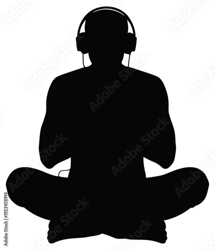 Man in Lotus Yoga Pose Listening to Music with Headphones Silhouette Isolated on Transparent Background