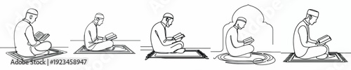 line art of a Muslim man sitting reading the Quran side view