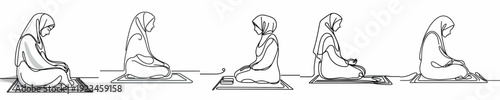 line art of a Muslim woman sitting on prayer mat side view