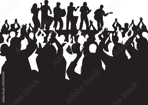 Crowd at concert silhouette vector illustration music festival fans cheering line art art