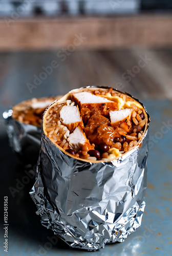 Delicious cheesy breakfast burrito cut in half on rustic wooden table with melted filling and fresh cilantro