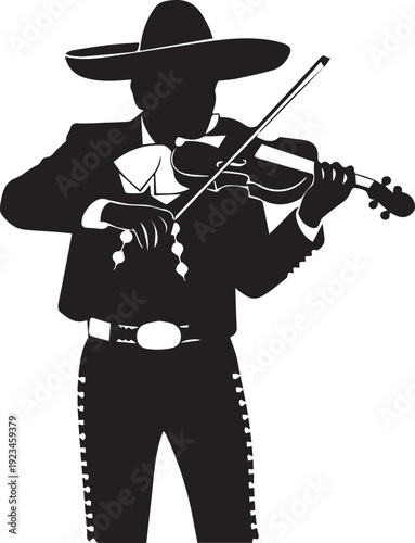 Mariachi musician silhouette vector illustration playing violin Mexican culture line art