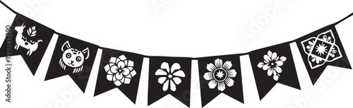 Mexican papel picado banner vector illustration, silhouette design, line art festival decor