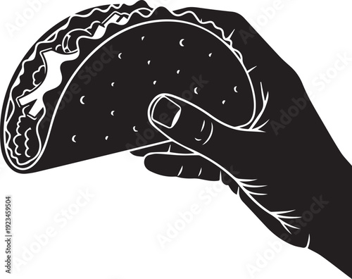 Taco held by hand vector silhouette illustration line art isolated on transparent backdrop