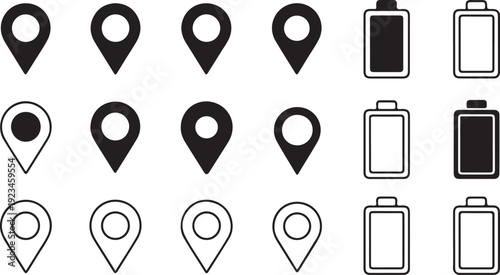 Collection of location markers and battery icons in various states