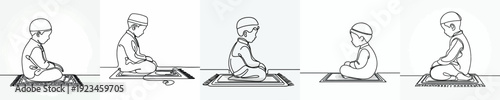 line art of a Muslim little boy sitting on prayer mat side view