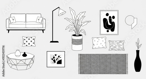 Modern Living Room Furniture and Decor Line Art Illustration.