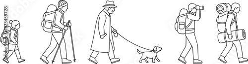 People walking line art illustration set, hikers traveler photographer dog walker, urban outdoor activities, minimalist outline vector isolated white background
