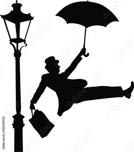 Dancing Silhouette with Umbrella – Vintage Streetlamp Art .
