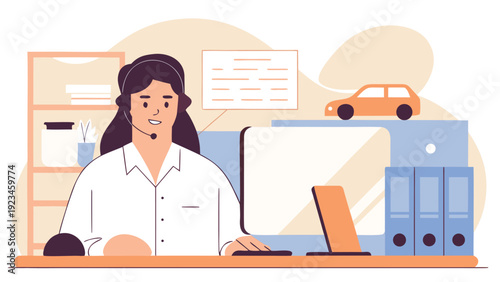 Female dispatch operator in a headset works at a desk with a computer, managing taxi services with a car icon.