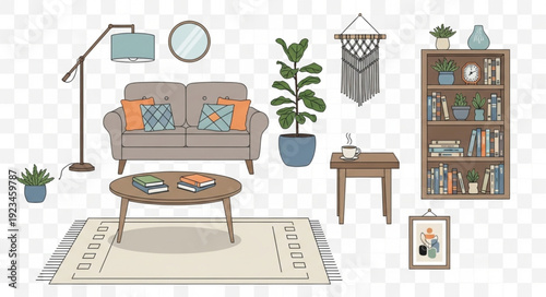 Cozy Living Room Furniture and Decor Elements Collection.