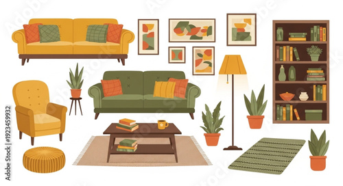 Cozy living room furniture and decor elements collection.