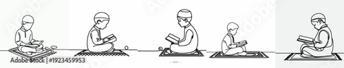 line art of a Muslim little boy sitting reading the Quran side view