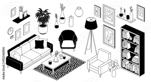 Isometric illustration of modern living room furniture and decor elements.