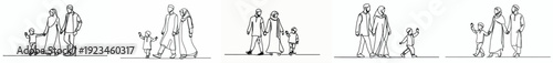 line art of family walking together happily on ramadan