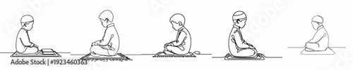 line art of a Muslim little boy sitting on prayer mat side view