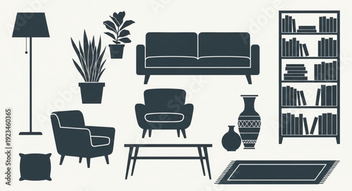 Collection of modern furniture and home decor items silhouette.