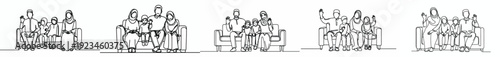 Line art of a Muslim family sitting on sofa happily welcoming Ramadan