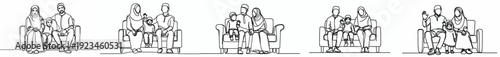 Line art of a Muslim family sitting on sofa happily welcoming Ramadan