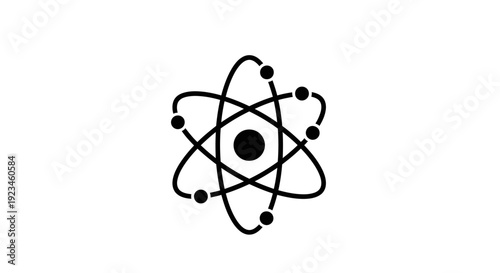 Black line art atomic structure symbol.