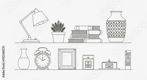 Collection of decorative objects and furniture line art.