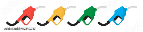 Colorful fuel nozzle set, Petrol gasoline pump handles in red yellow green blue color vector illustration