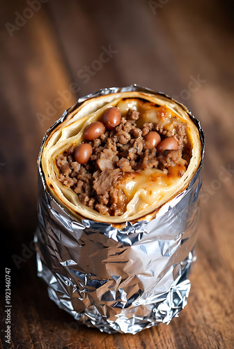 Delicious beef and bean burrito cut open revealing filling on rustic wooden table with foil wrapper
