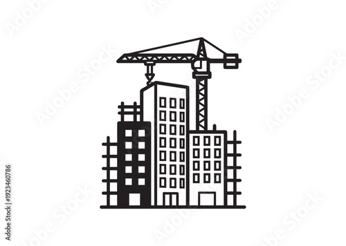 Building Under Construction Line Icon – Unfinished Building Outline Vector, Minimal Architectural Black Line Isolated on White