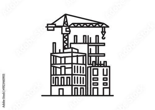 Building Under Construction Line Icon – Unfinished Building Outline Vector, Minimal Architectural Black Line Isolated on White