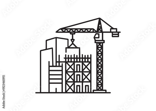 Building Under Construction Line Icon – Unfinished Building Outline Vector, Minimal Architectural Black Line Isolated on White
