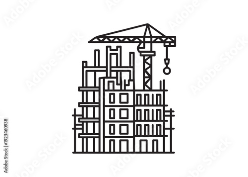 Building Under Construction Line Icon – Unfinished Building Outline Vector, Minimal Architectural Black Line Isolated on White