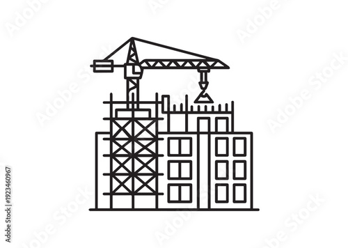 Building Under Construction Line Icon – Unfinished Building Outline Vector, Minimal Architectural Black Line Isolated on White