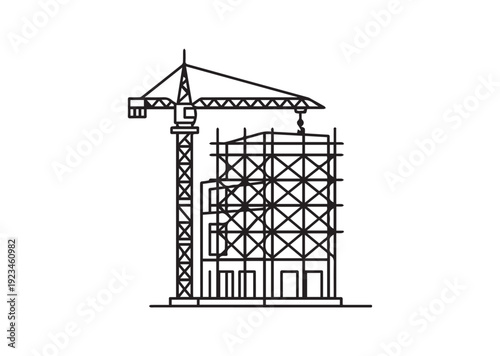 Building Under Construction Line Icon – Unfinished Building Outline Vector, Minimal Architectural Black Line Isolated on White