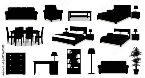 Collection of Furniture Silhouettes Isolated on White Background.