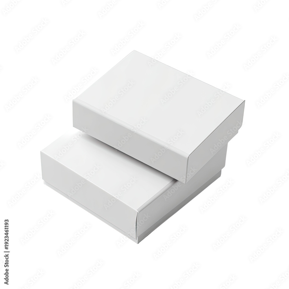 Fototapeta premium Two stacked white rectangular boxes on a black background, slightly angled, showcasing clean design