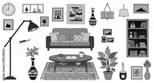 Collection of modern furniture and home decor items.