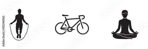 Fitness icons including jumping rope bicycle and yoga