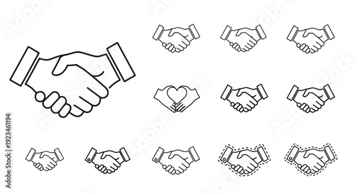 Collection of black and white outline handshake icons representing agreement, partnership, and greeting.