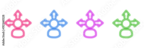 Neon glowing person with arrows vector icons set, user distribution, multi-directional choice, decentralized network, vibrant colorful digital design illustration on transparent background.