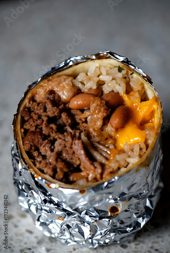 Delicious grilled chicken and vegetable burrito cut open on rustic table with melted cheese and fresh ingredients