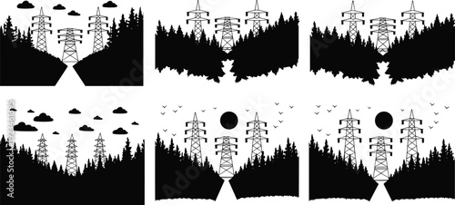 Black Silhouette Collection of High Voltage Power Lines and Electricity Pylons in Forest Landscape for Energy Infrastructure Utility and Environment.