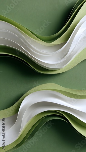 Green and white paper cut art featuring layered waves of organic shapes creating an abstract and serene texture