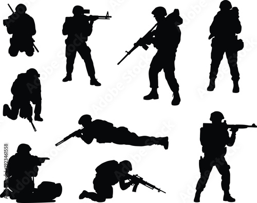 Black Silhouette Collection of Tactical Soldiers and Military Personnel with Rifles in Combat Positions for Defense Army and Security Design.