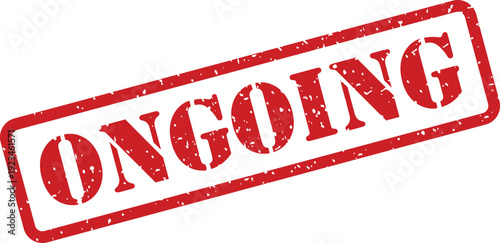 A prominent red rubber stamp impression with a grungy texture displays the important word ONGOING