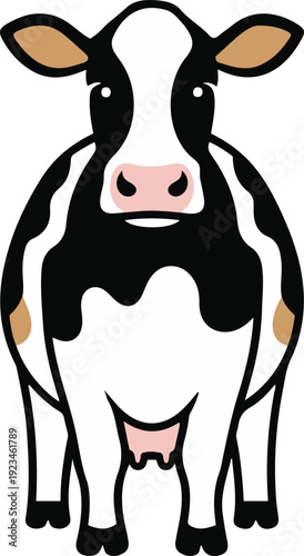 Cute cartoon vector illustration of a black and white dairy cow facing forward, featuring a pink nose and udder with thick bold outlines isolated on a white background.