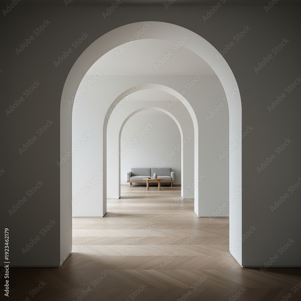Fototapeta premium Minimalist Interior Design Featuring White Arched Corridor and Modern Furniture