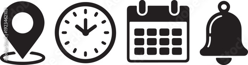 Four icons representing location time calendar and notification